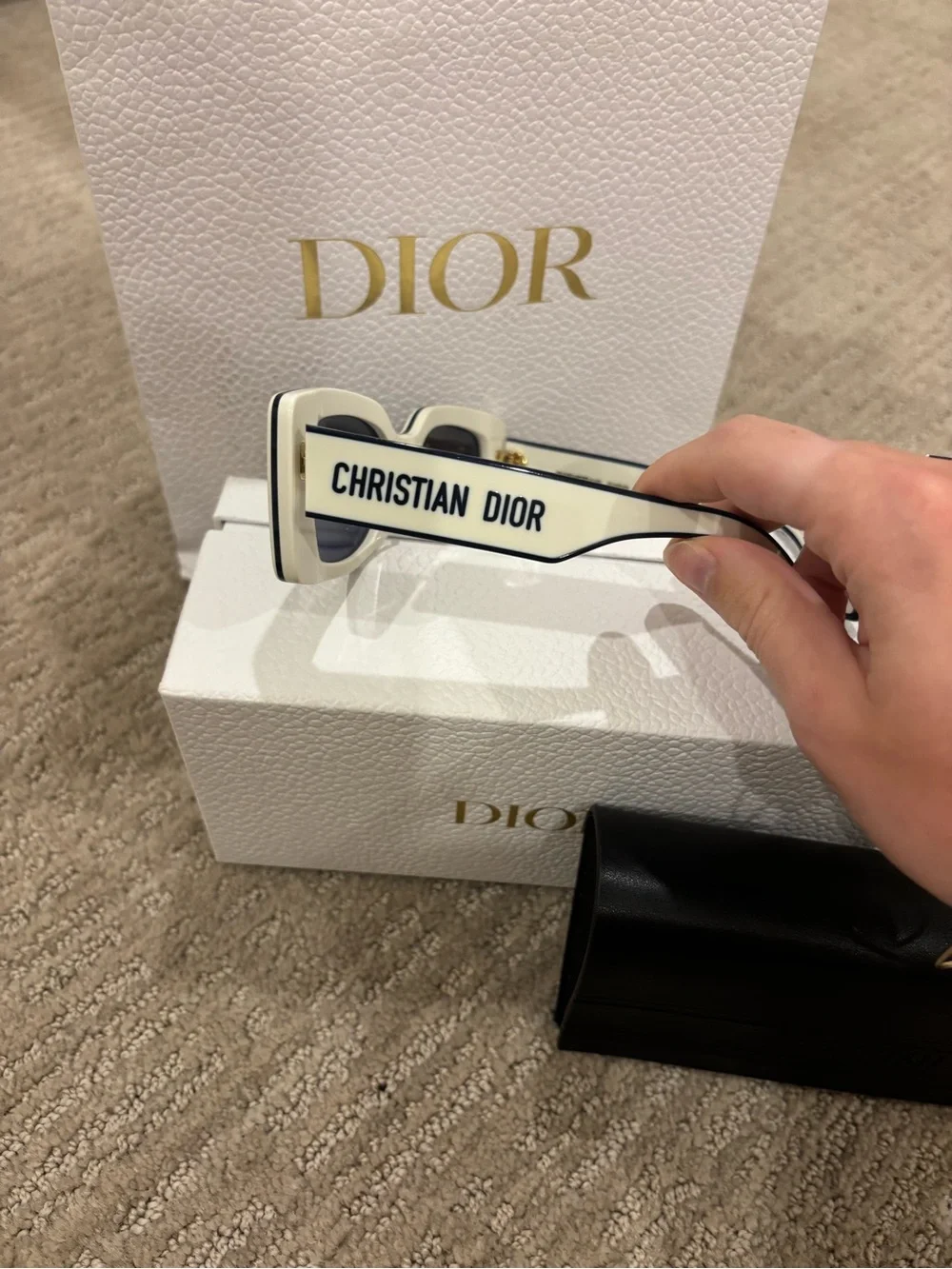 Dior White Frame Sunglasses with Dark Blue Lenses